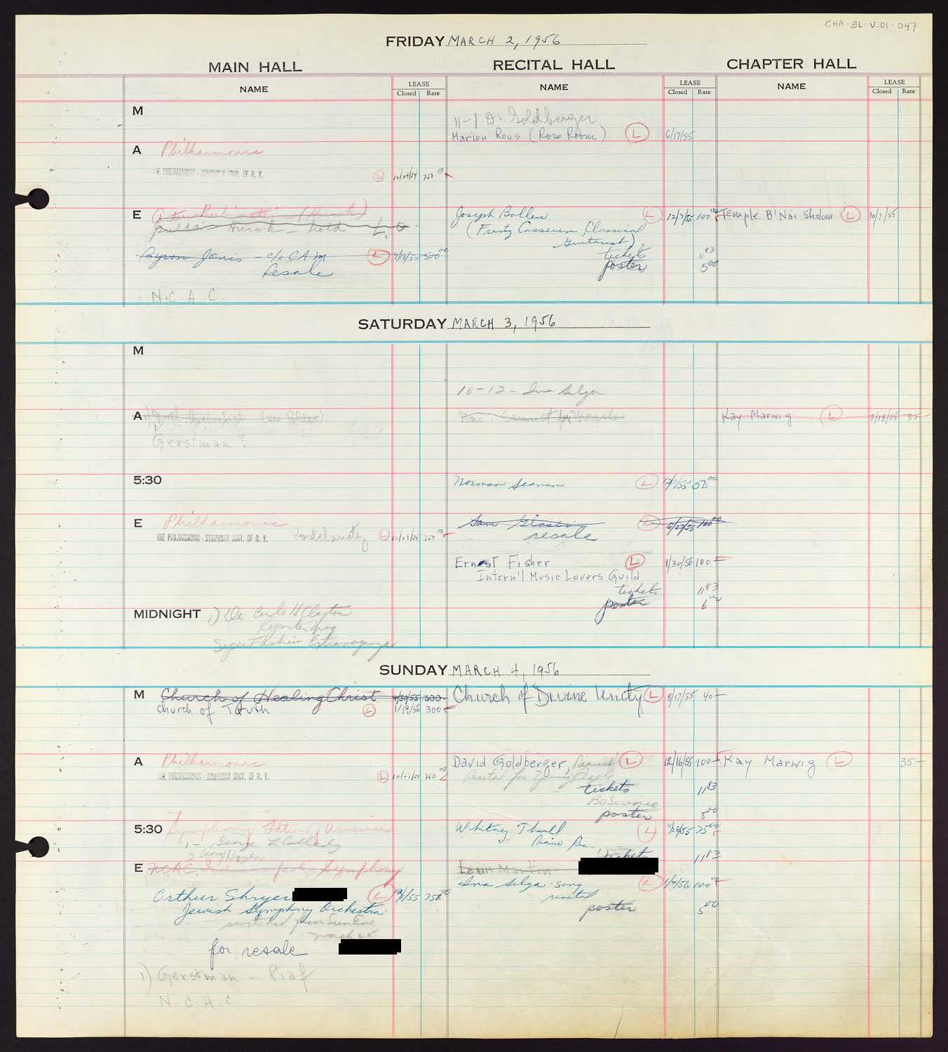 Carnegie Hall Booking Ledger, volume 1, page 47
