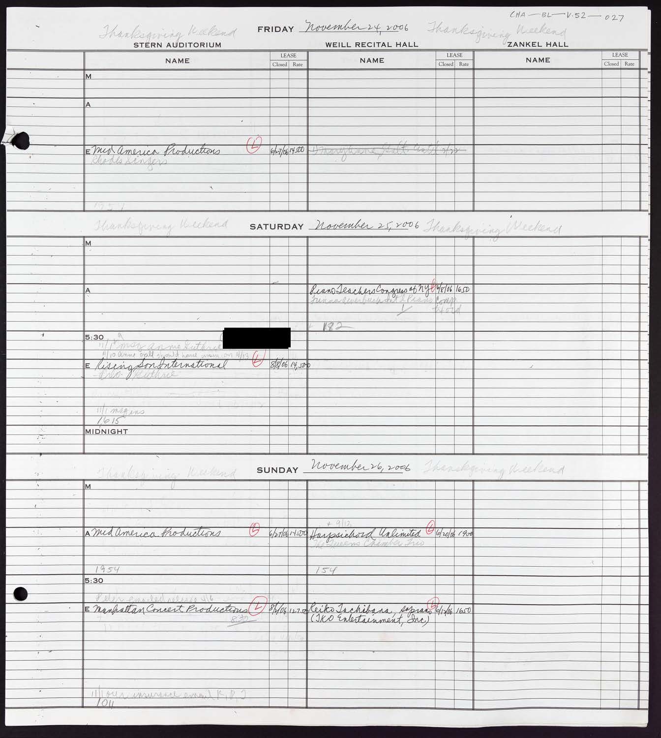 Carnegie Hall Booking Ledger, volume 52, page 27