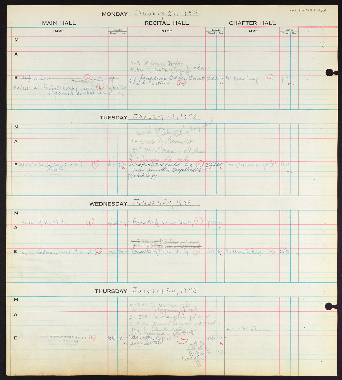 Carnegie Hall Booking Ledger, volume 3, page 38