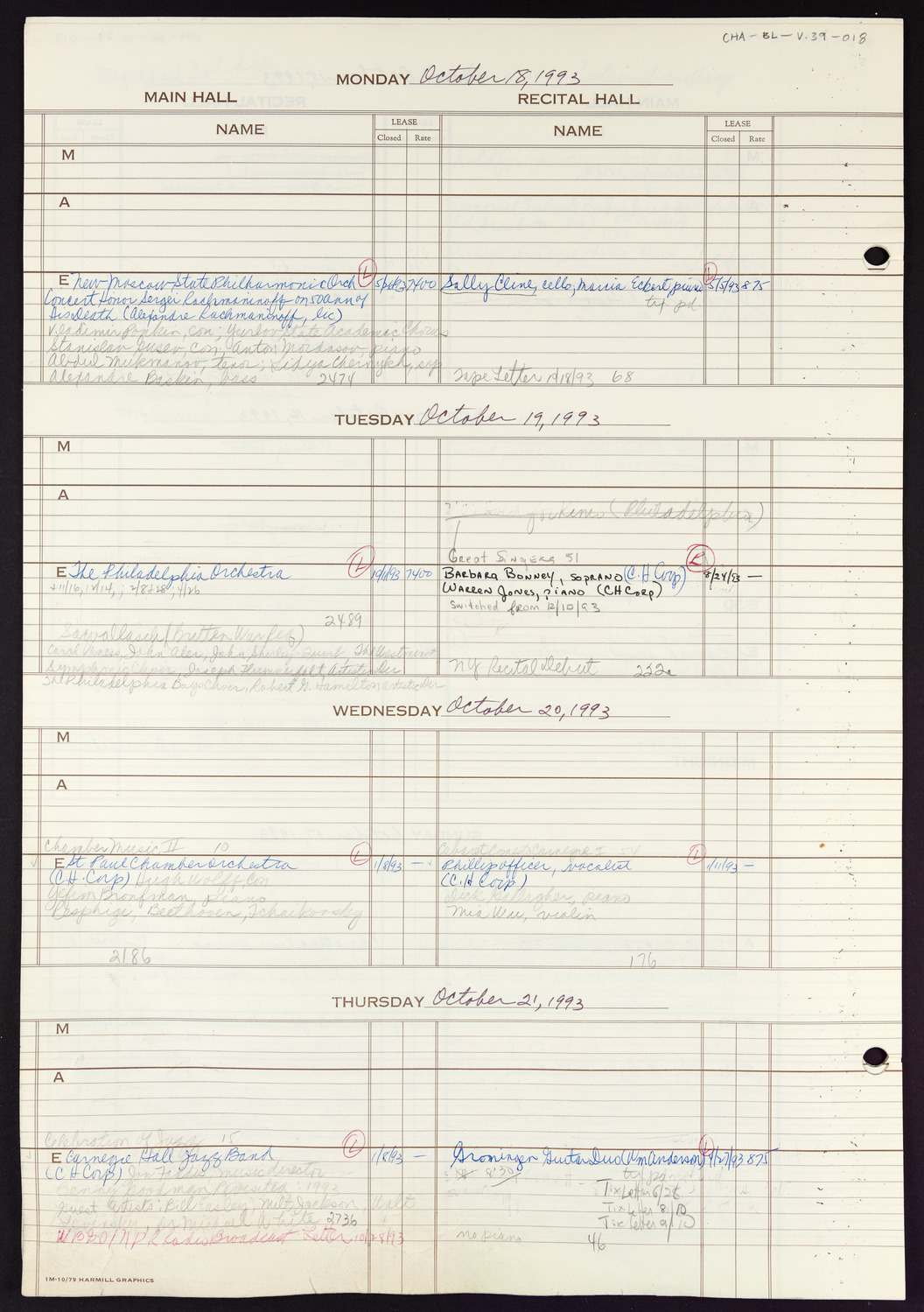 Carnegie Hall Booking Ledger, volume 39, page 18