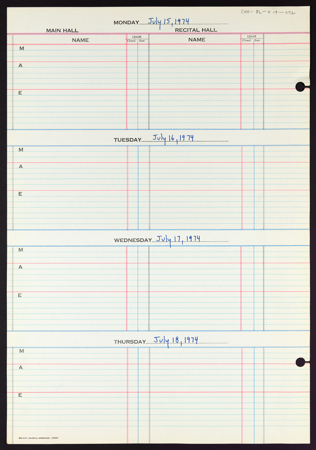 Carnegie Hall Booking Ledger, volume 19, page 92