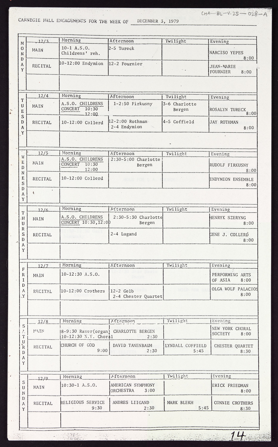 Carnegie Hall Booking Ledger, volume 25, page 28a