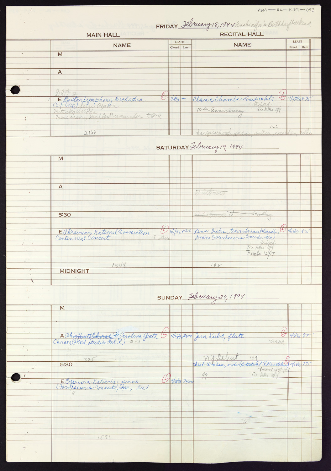 Carnegie Hall Booking Ledger, volume 39, page 53