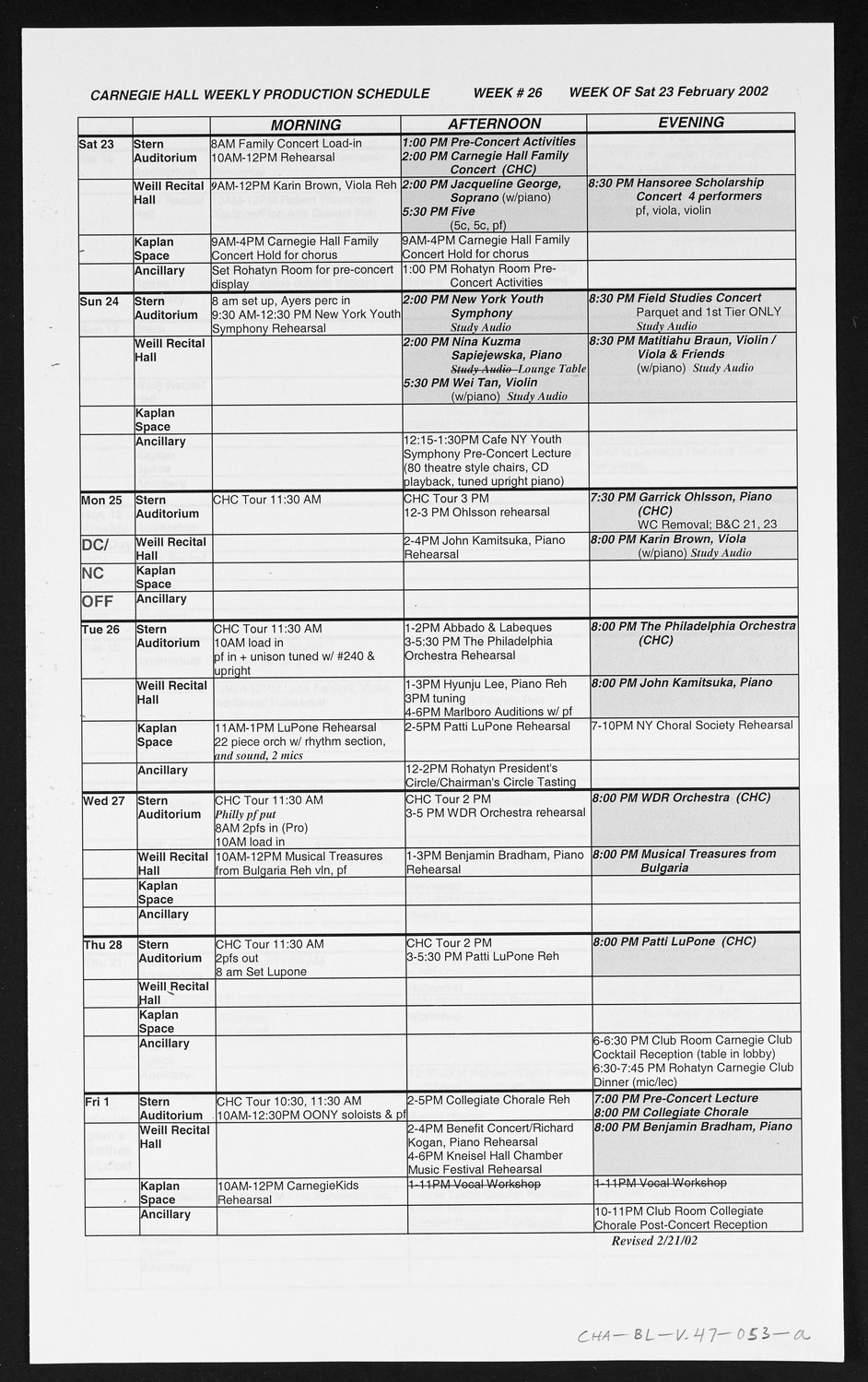 Carnegie Hall Booking Ledger, volume 47, page 53a