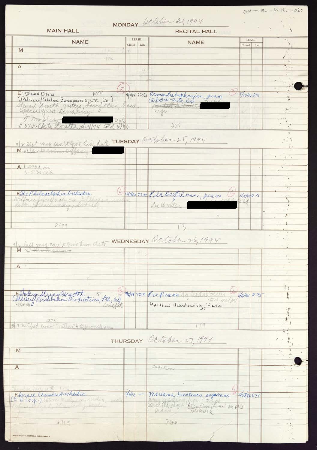 Carnegie Hall Booking Ledger, volume 40, page 20