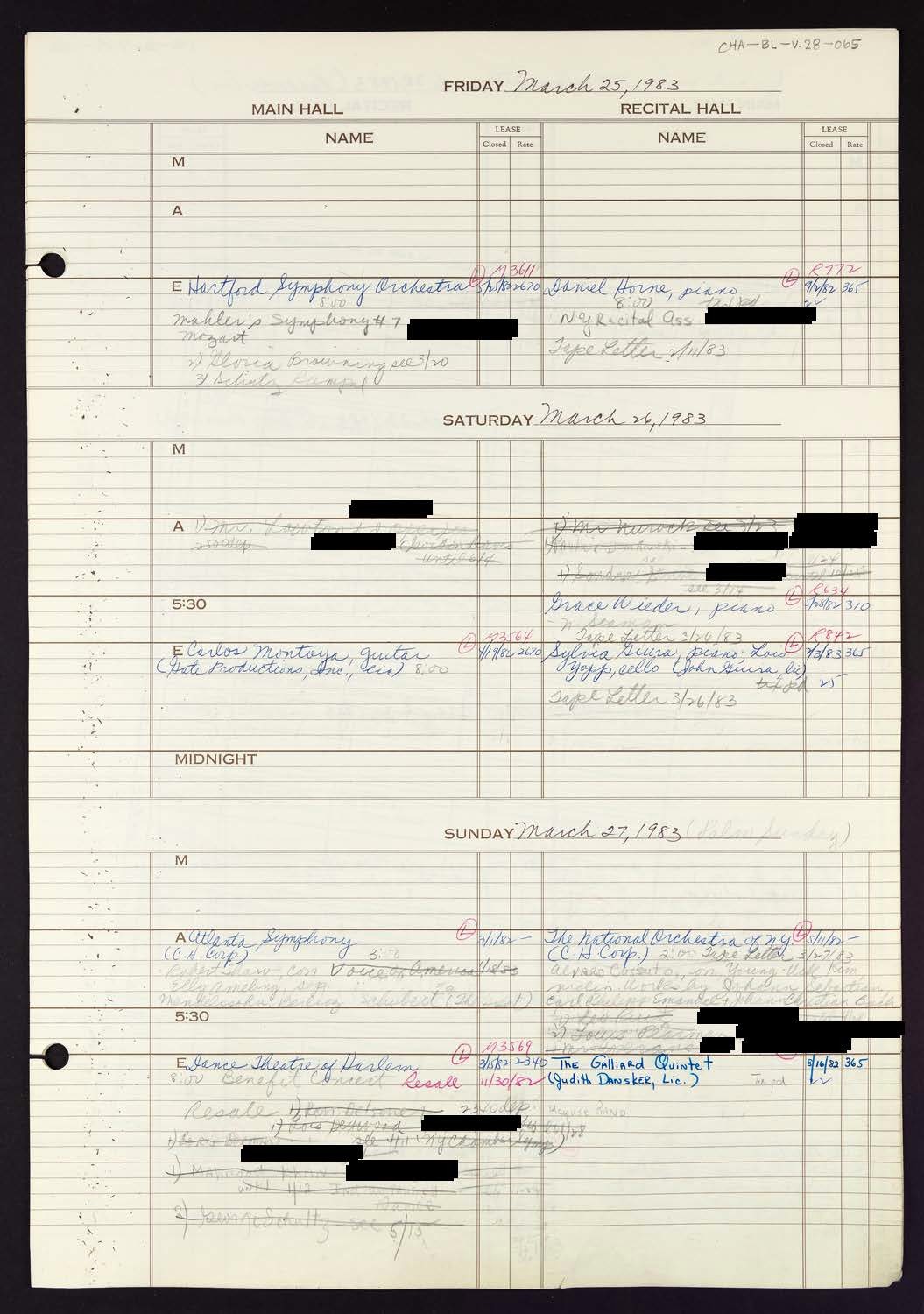 Carnegie Hall Booking Ledger, volume 28, page 65