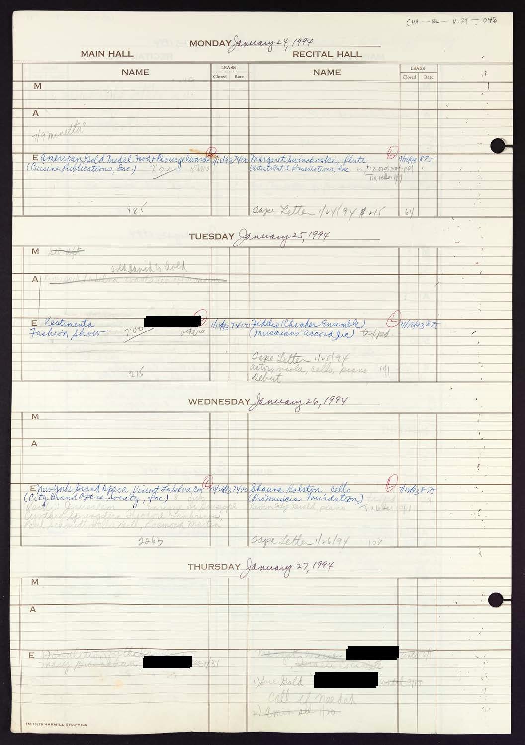 Carnegie Hall Booking Ledger, volume 39, page 46