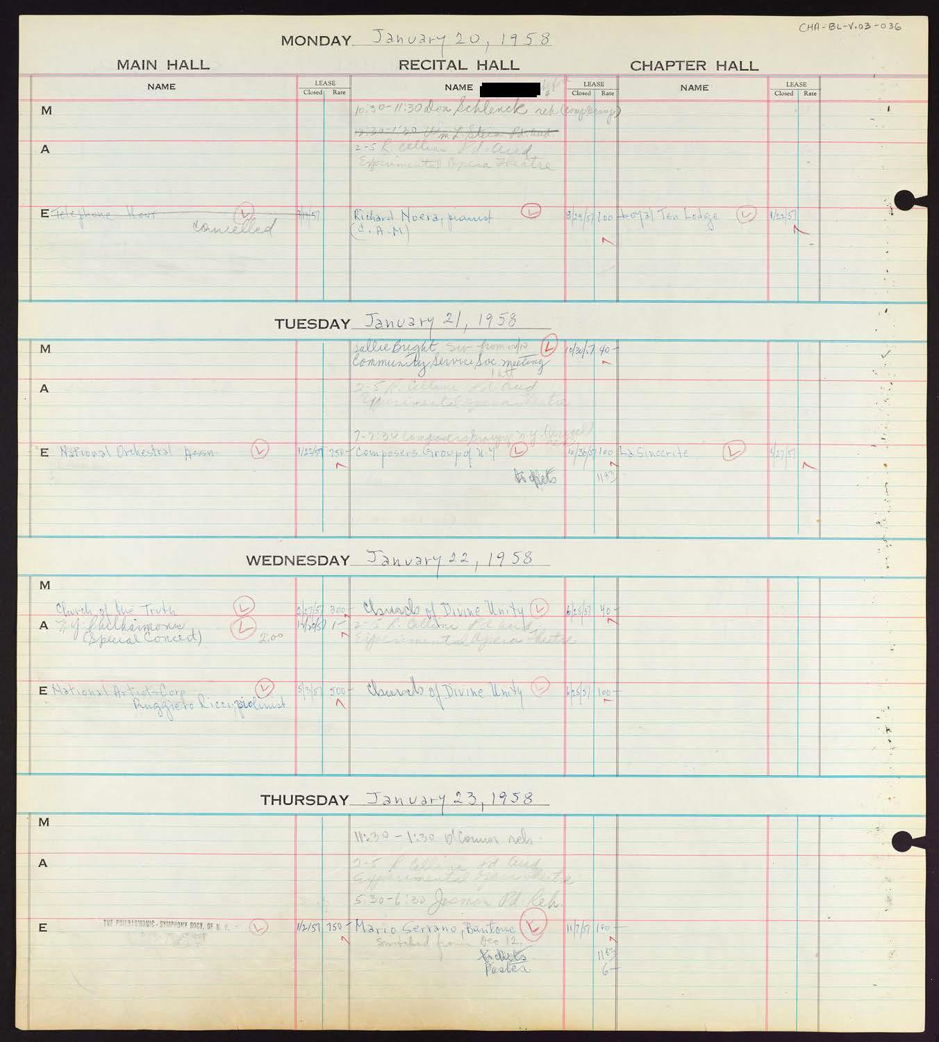 Carnegie Hall Booking Ledger, volume 3, page 36