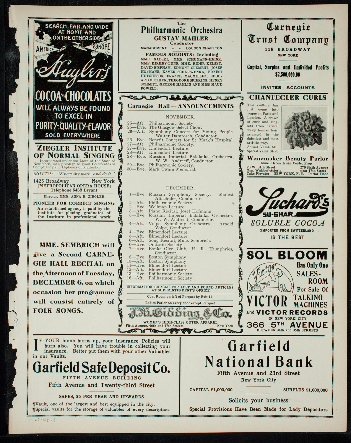 New York Philharmonic, November 22, 1910, program page 3