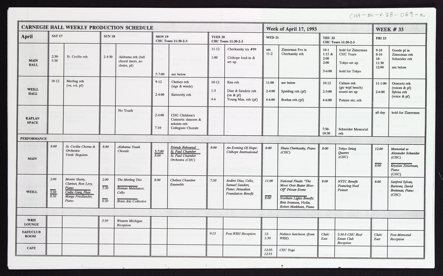 Carnegie Hall Booking Ledger, volume 38, page 69a