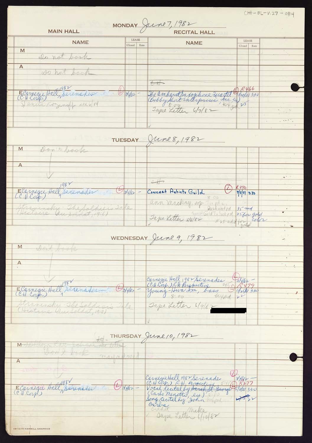 Carnegie Hall Booking Ledger, volume 27, page 84