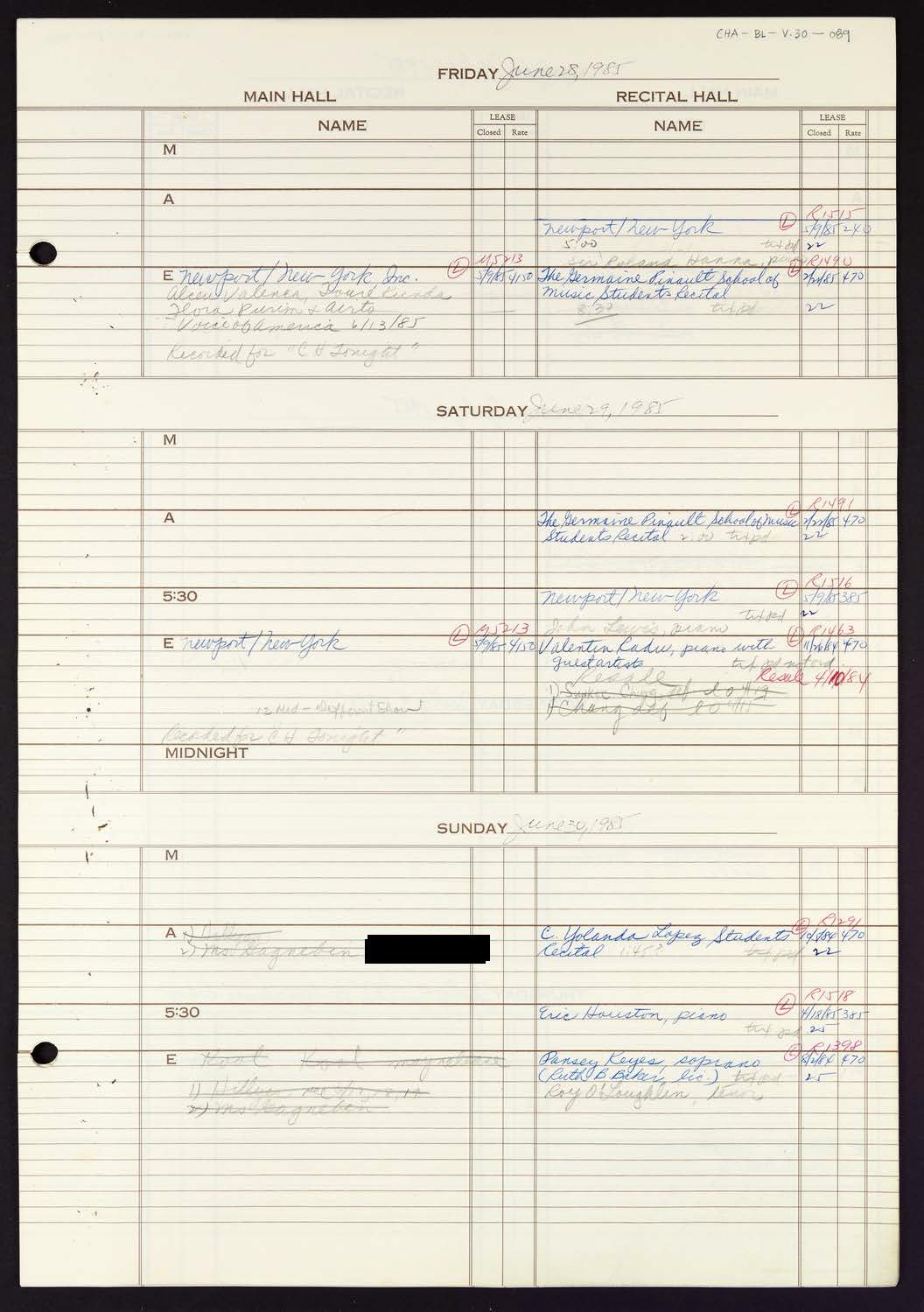 Carnegie Hall Booking Ledger, volume 30, page 89