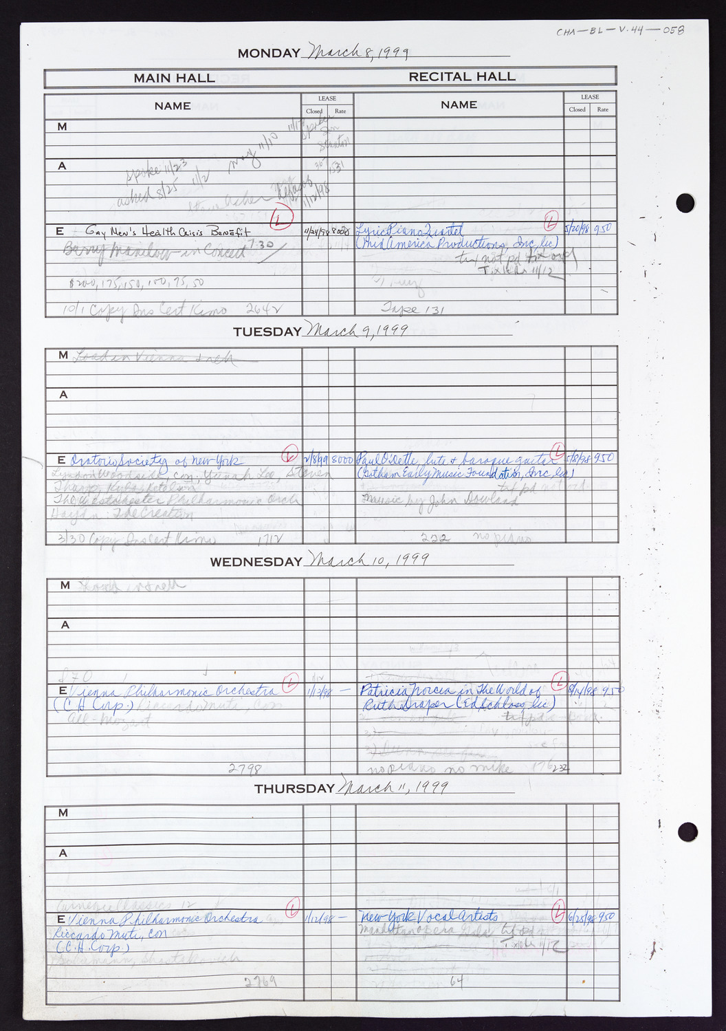 Carnegie Hall Booking Ledger, volume 44, page 58