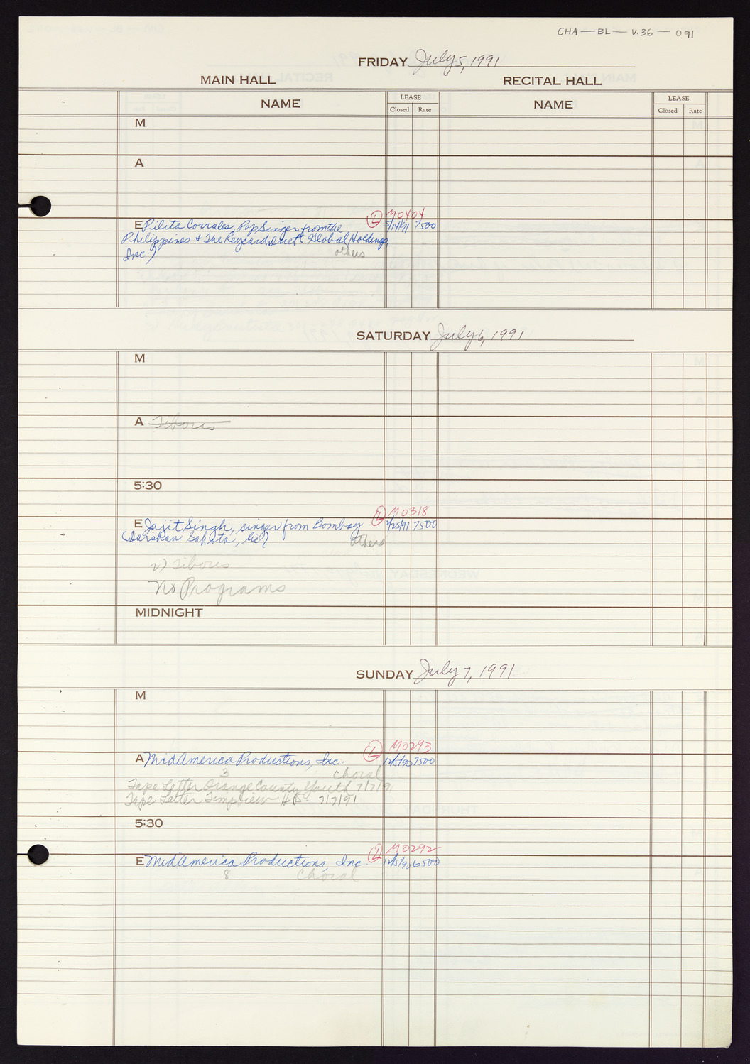 Carnegie Hall Booking Ledger, volume 36, page 91