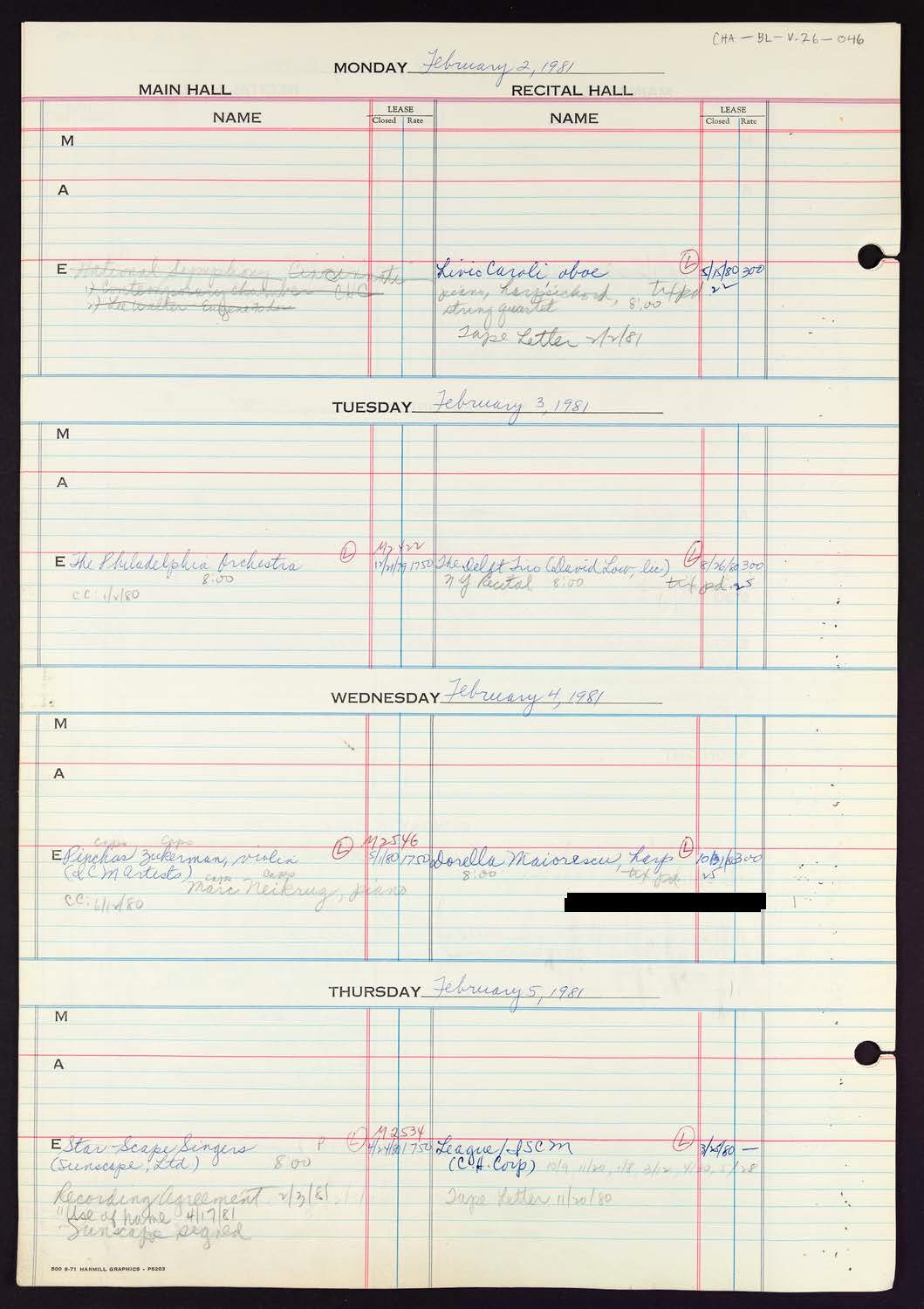 Carnegie Hall Booking Ledger, volume 26, page 46