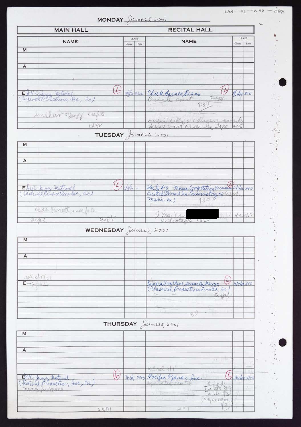 Carnegie Hall Booking Ledger, volume 46, page 88