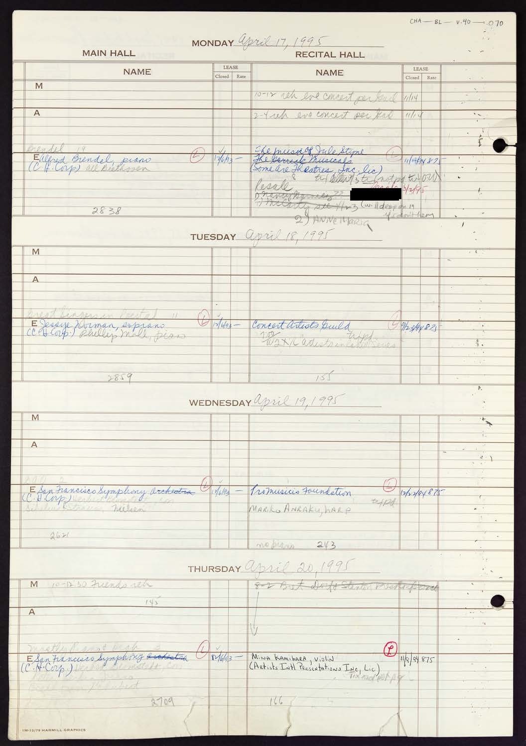 Carnegie Hall Booking Ledger, volume 40, page 70