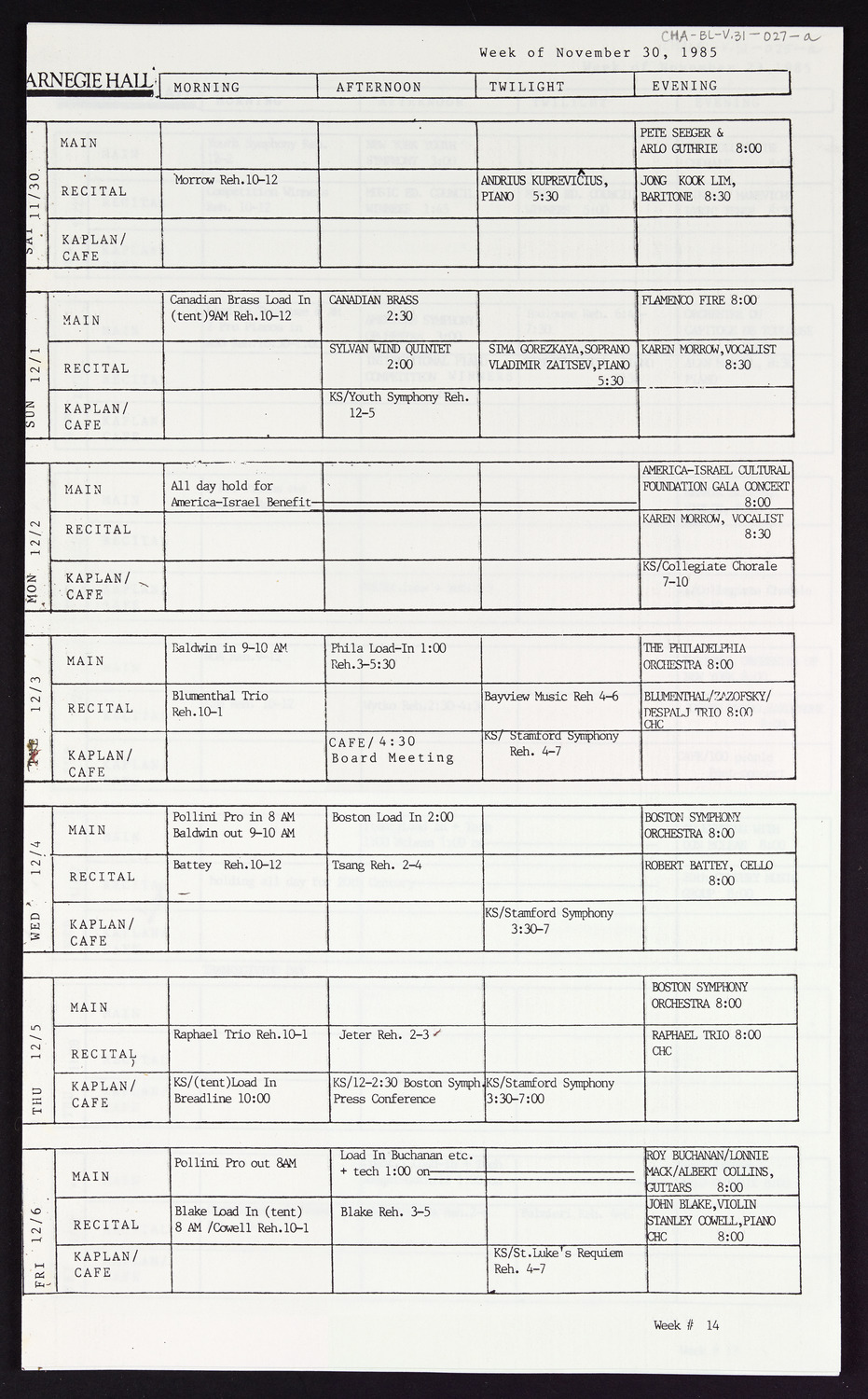 Carnegie Hall Booking Ledger, volume 31, page 27a