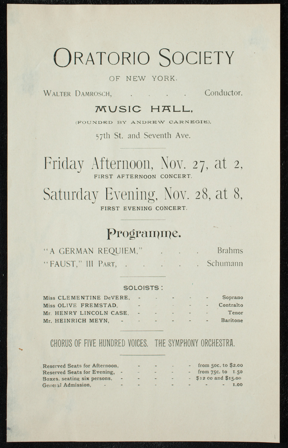 Oratorio Society of New York, November 28, 1891, program page 1
