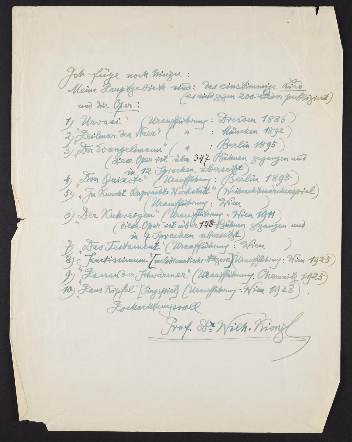Correspondence from Wilhelm Kienzl to David Ewen, page 2 of 2