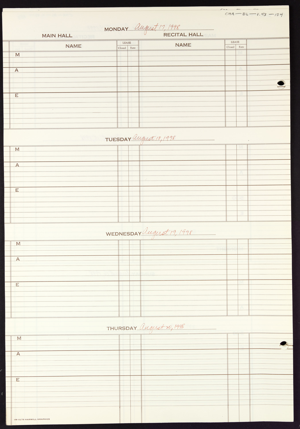 Carnegie Hall Booking Ledger, volume 43, page 104