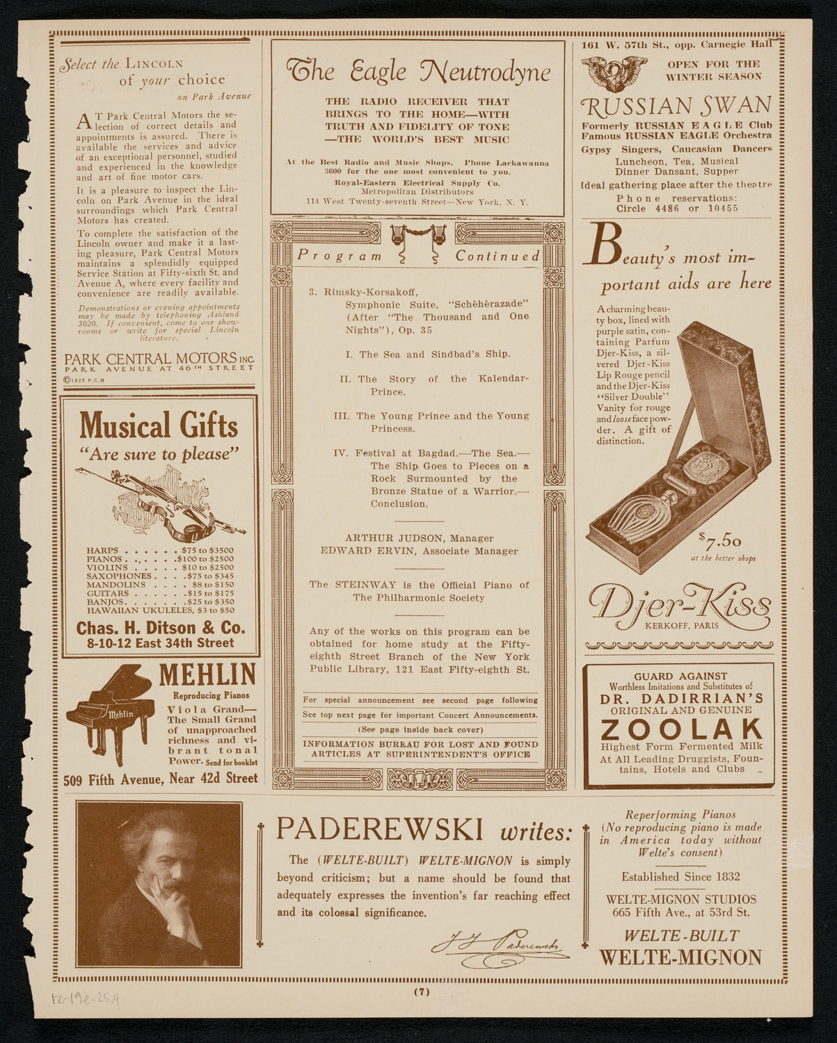 New York Philharmonic, December 19, 1925, program page 7