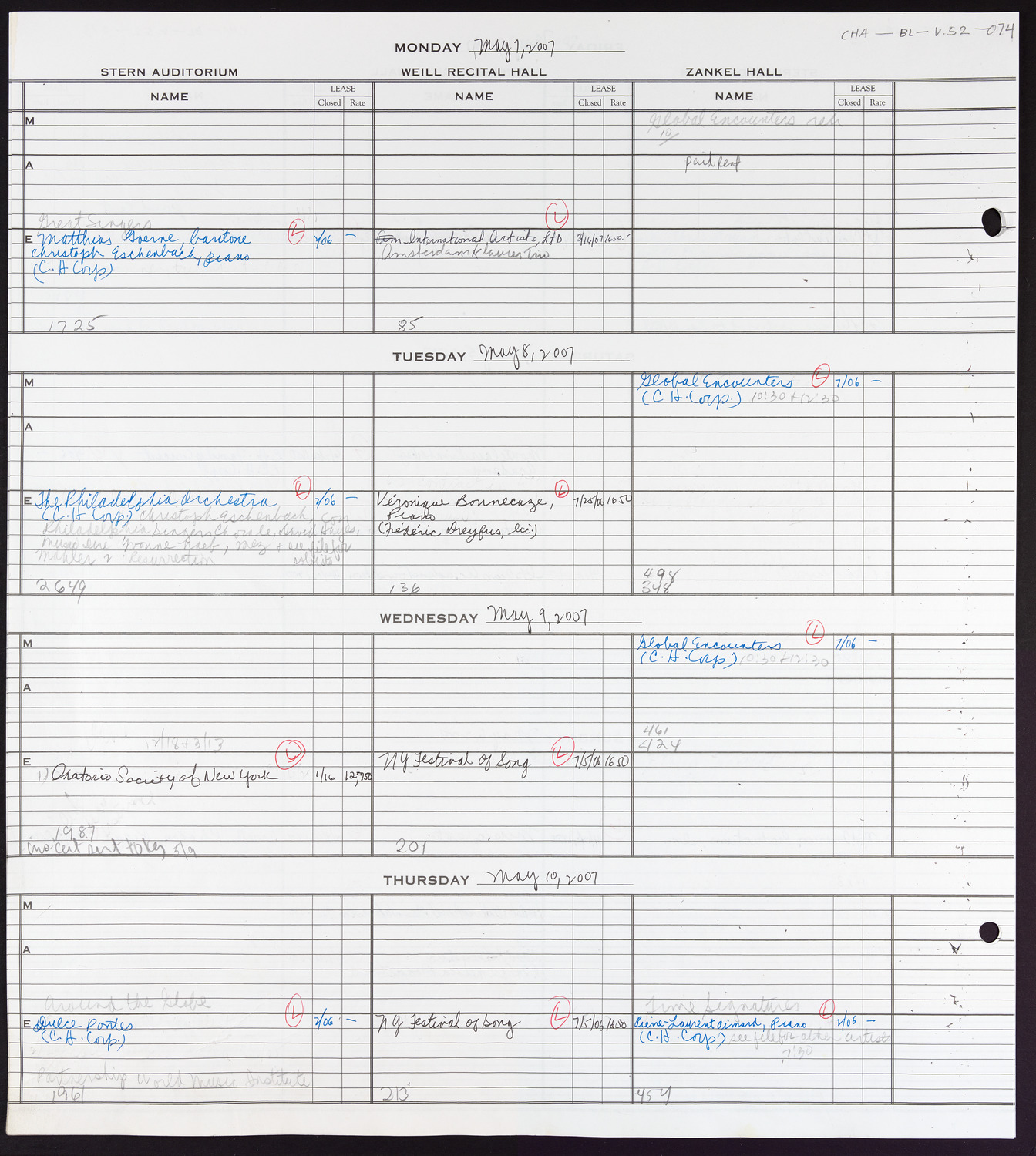 Carnegie Hall Booking Ledger, volume 52, page 74