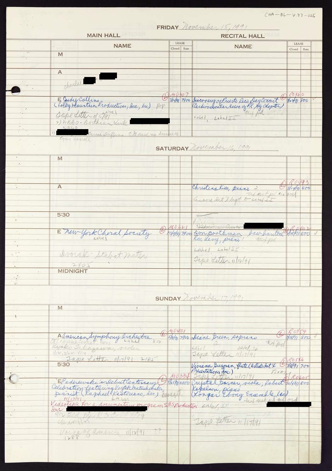 Carnegie Hall Booking Ledger, volume 37, page 25