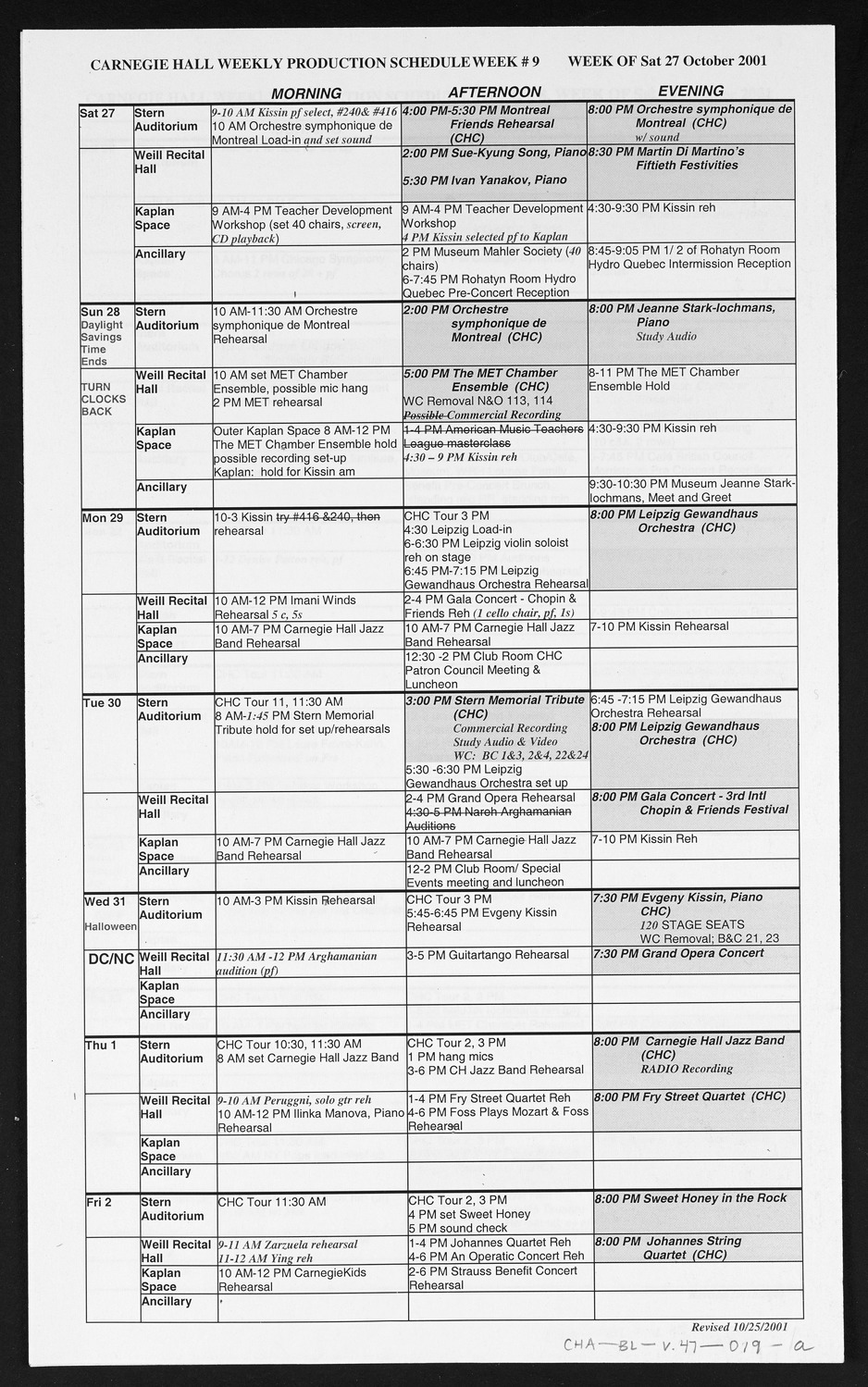 Carnegie Hall Booking Ledger, volume 47, page 19a