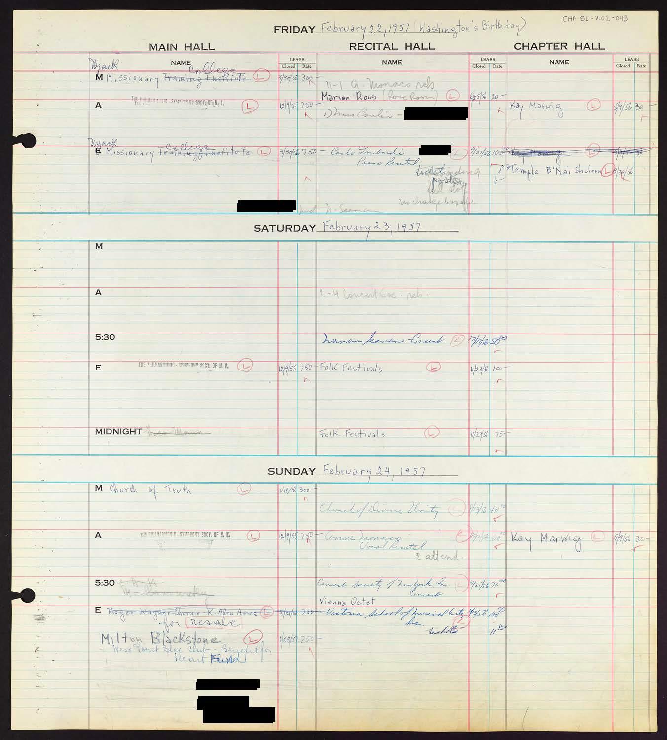 Carnegie Hall Booking Ledger, volume 2, page 43