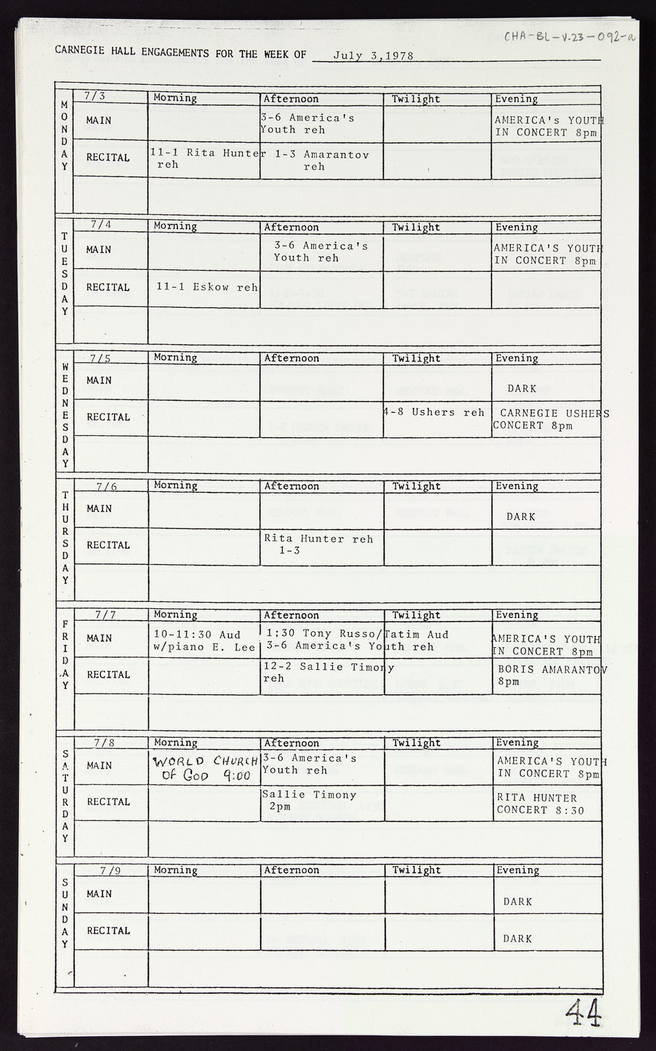 Carnegie Hall Booking Ledger, volume 23, page 92a