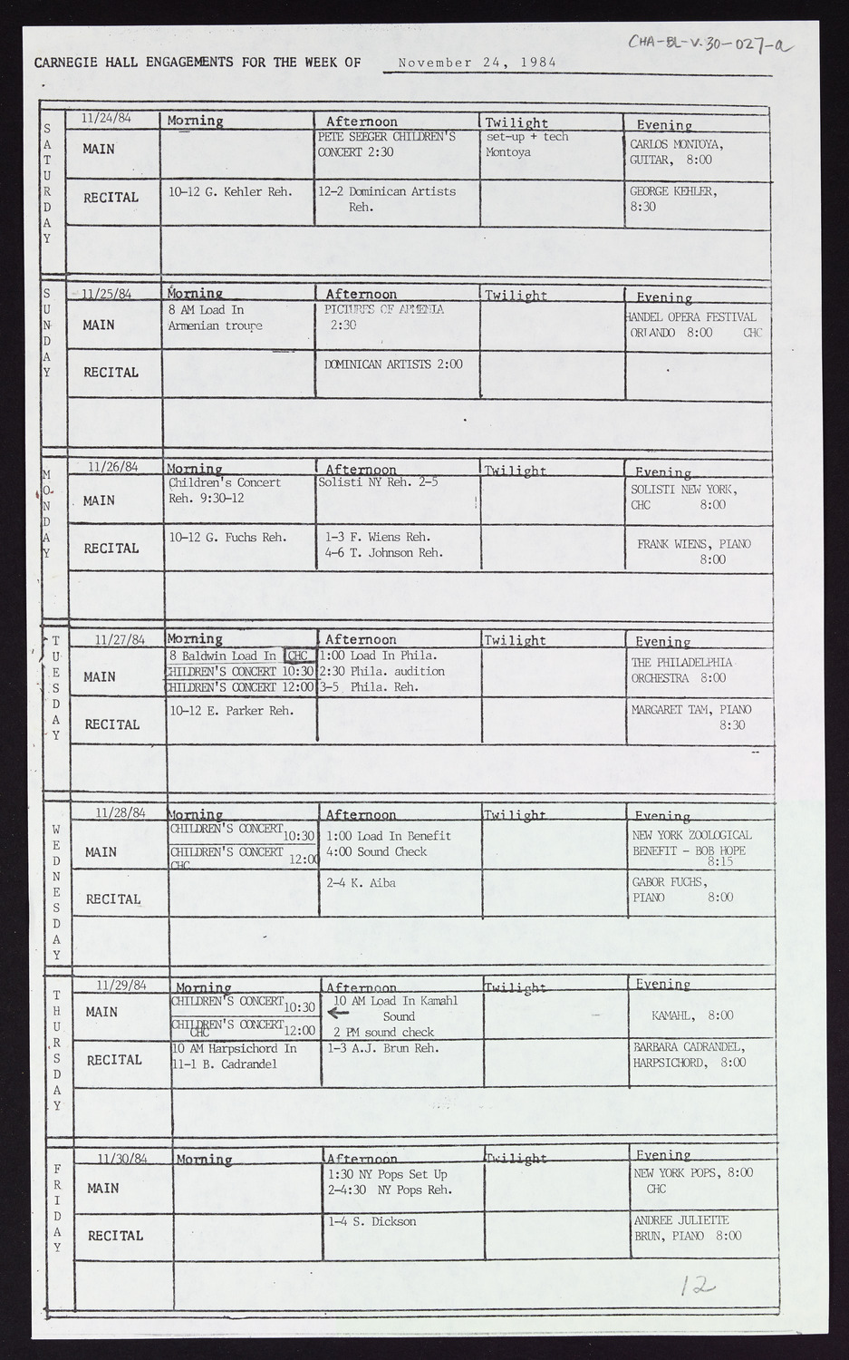 Carnegie Hall Booking Ledger, volume 30, page 27a