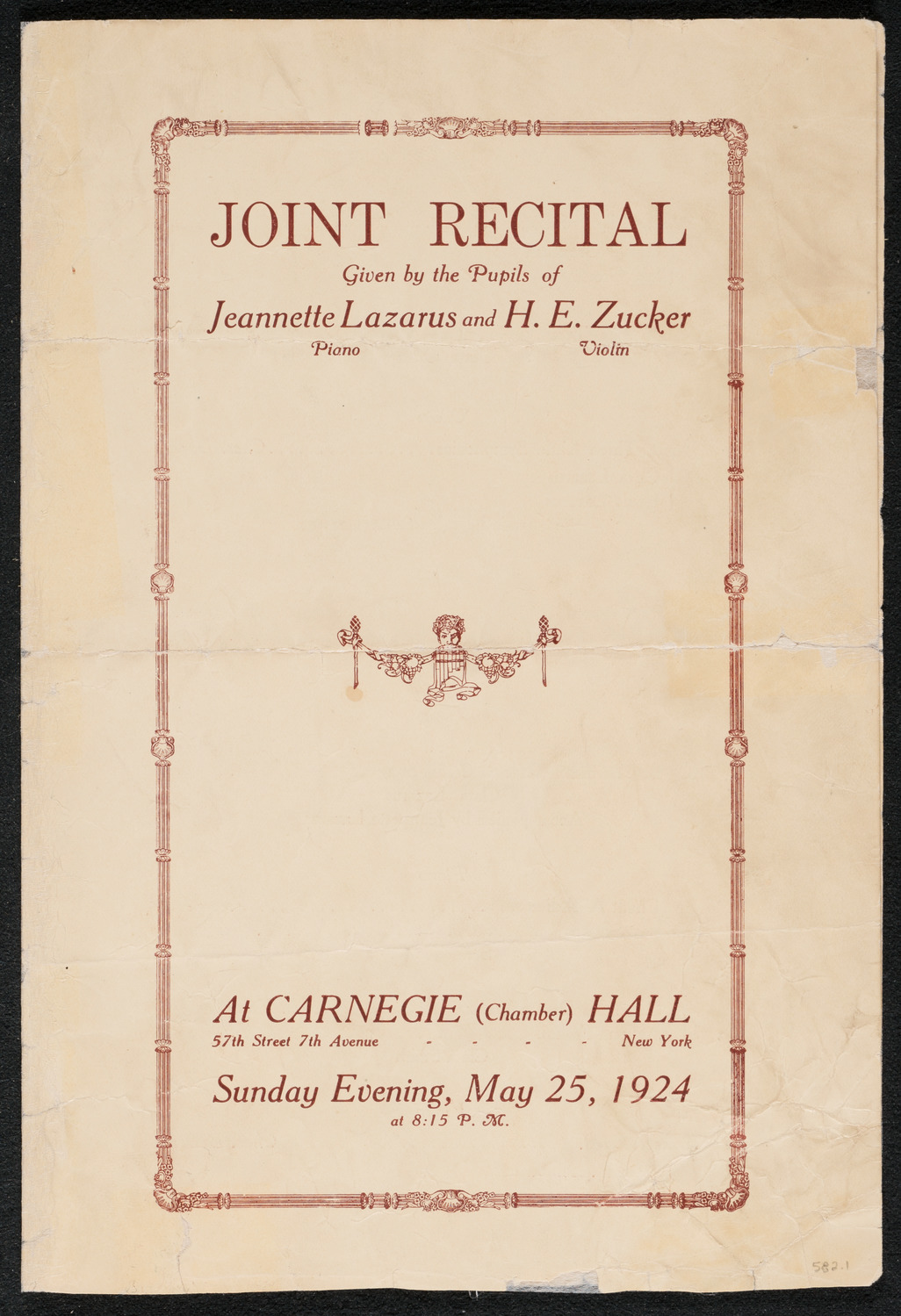 Pupils of Jeannette Lazarus and H.E. Zucker, May 25, 1924, program page 1
