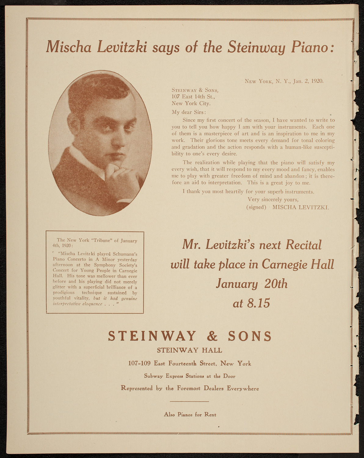 Fritz Kreisler, Violin, January 14, 1920, program page 4