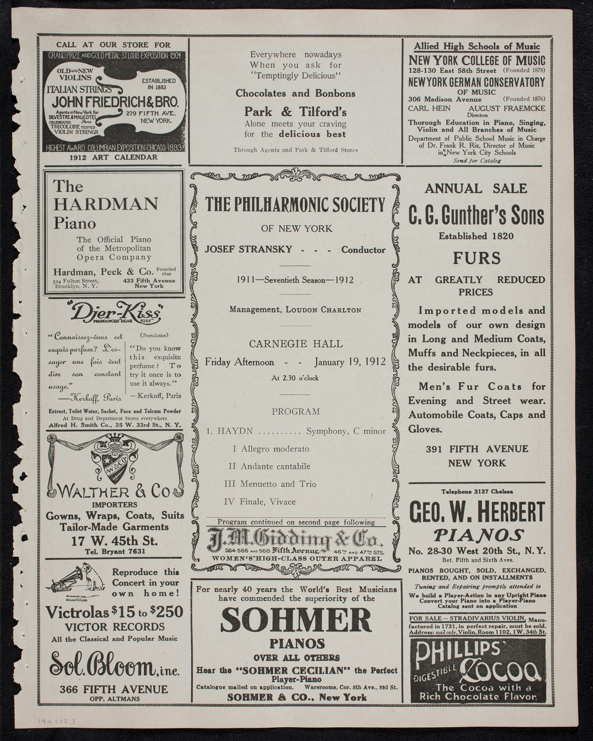 New York Philharmonic, January 19, 1912, program page 5