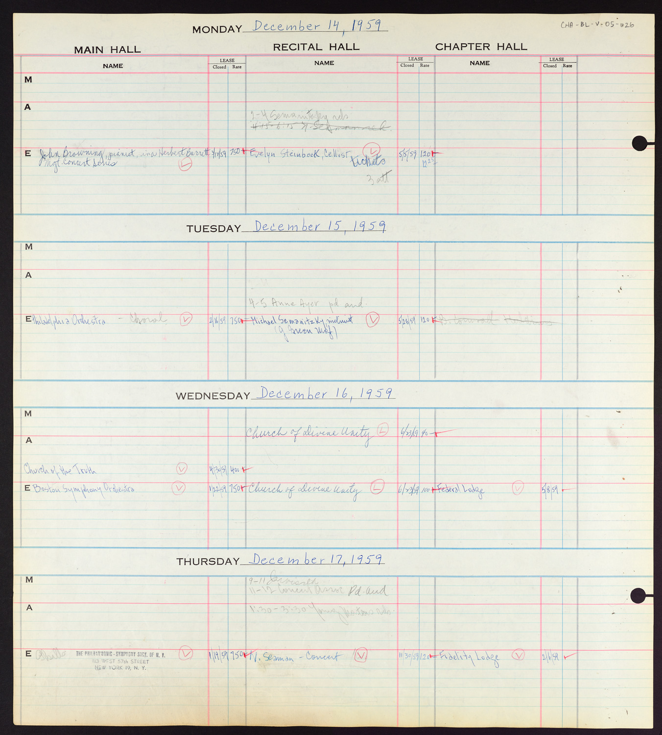 Carnegie Hall Booking Ledger, volume 5, page 26