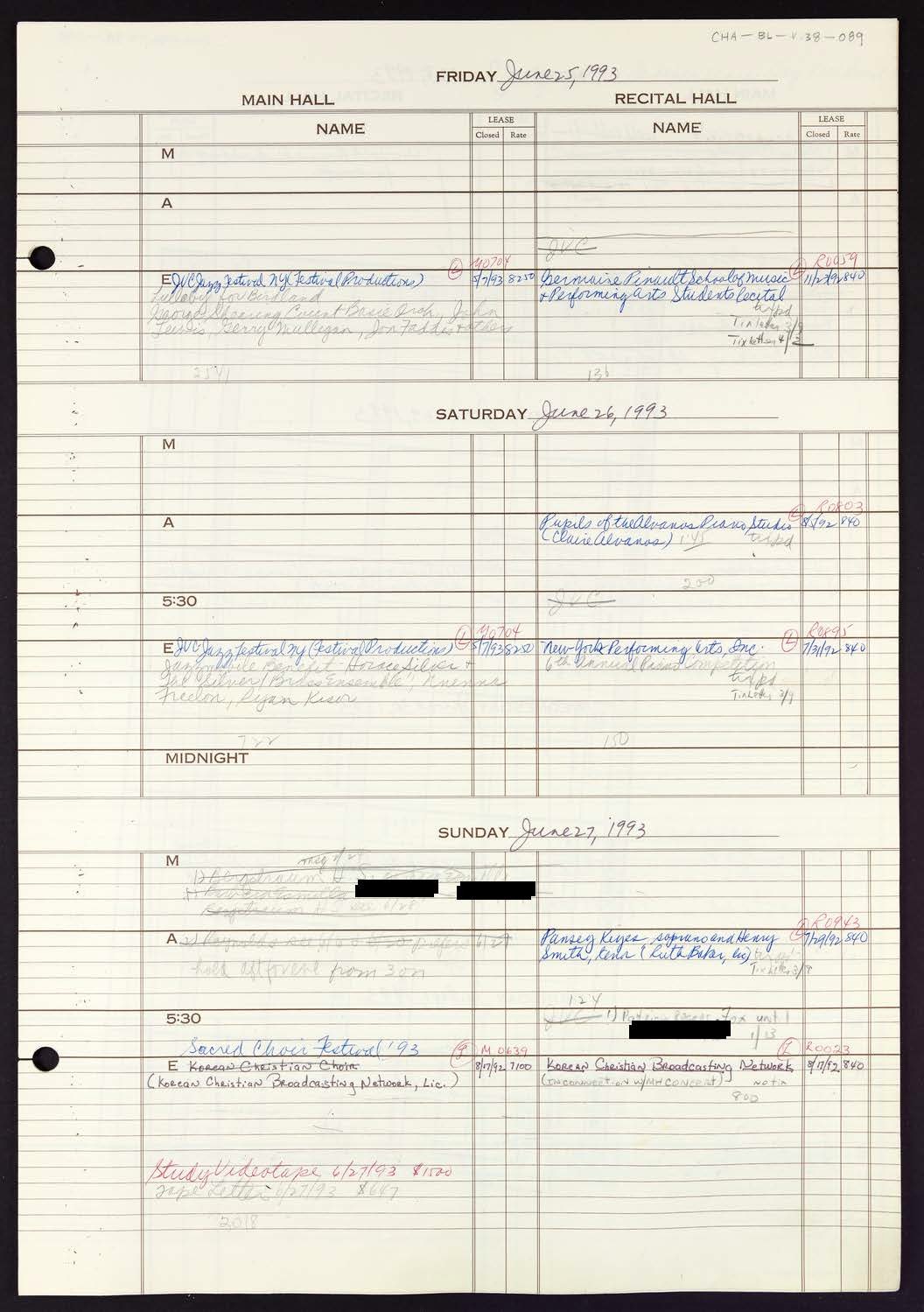 Carnegie Hall Booking Ledger, volume 38, page 89