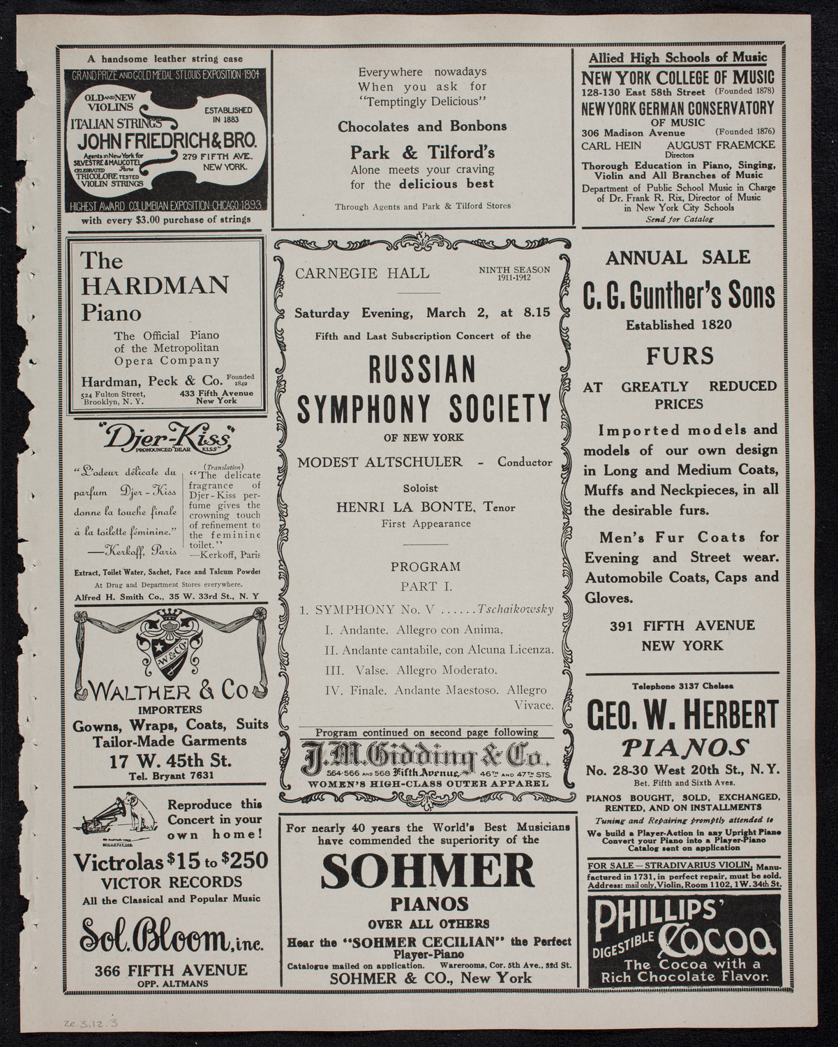 Russian Symphony Society of New York, March 2, 1912, program page 5