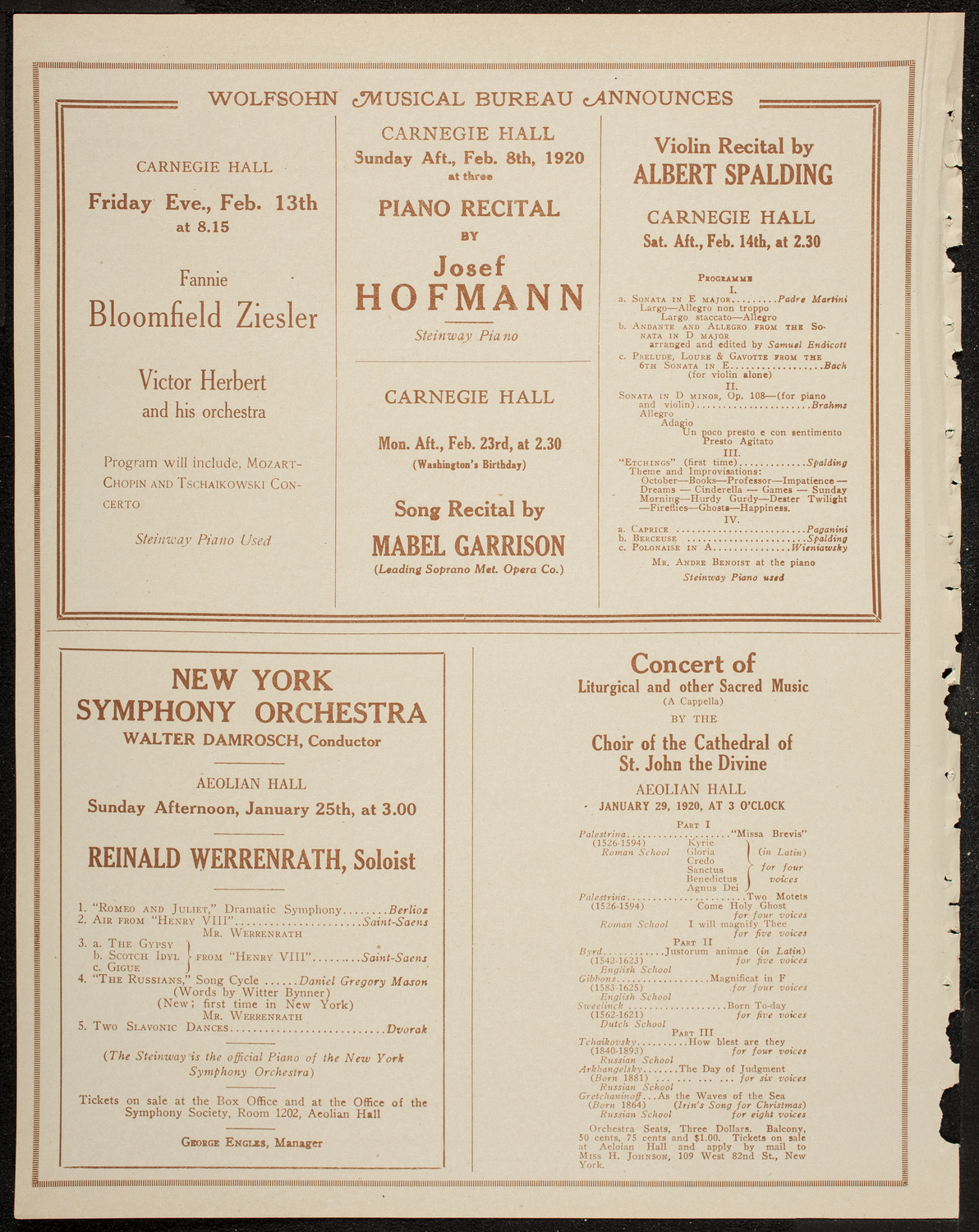 Benno Moiseiwitsch, Piano, January 24, 1920, program page 8