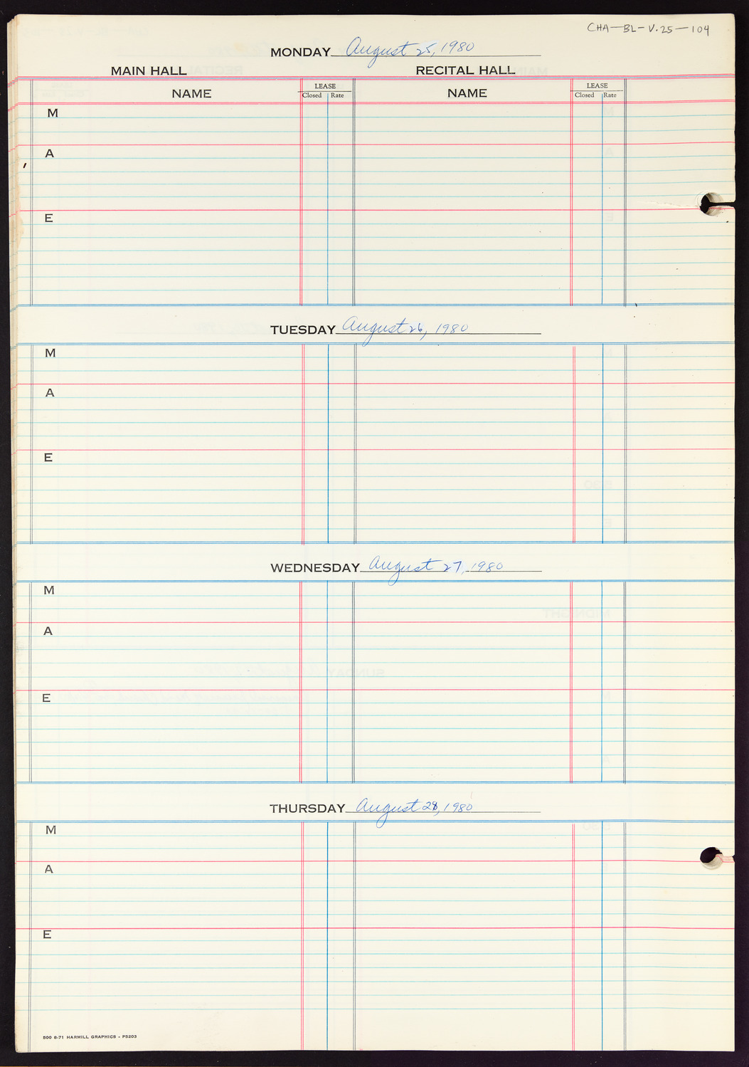 Carnegie Hall Booking Ledger, volume 25, page 104