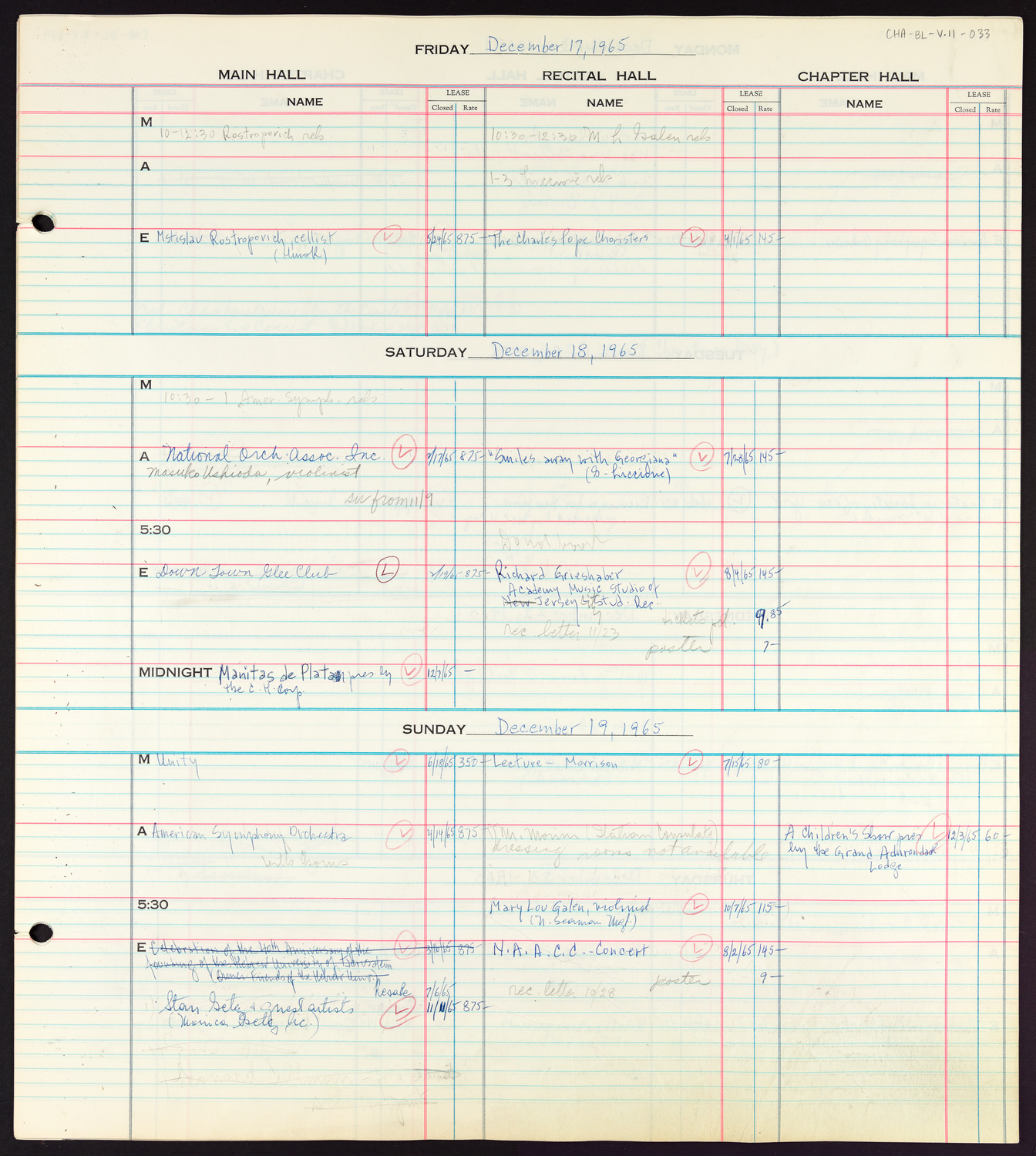 Carnegie Hall Booking Ledger, volume 11, page 33