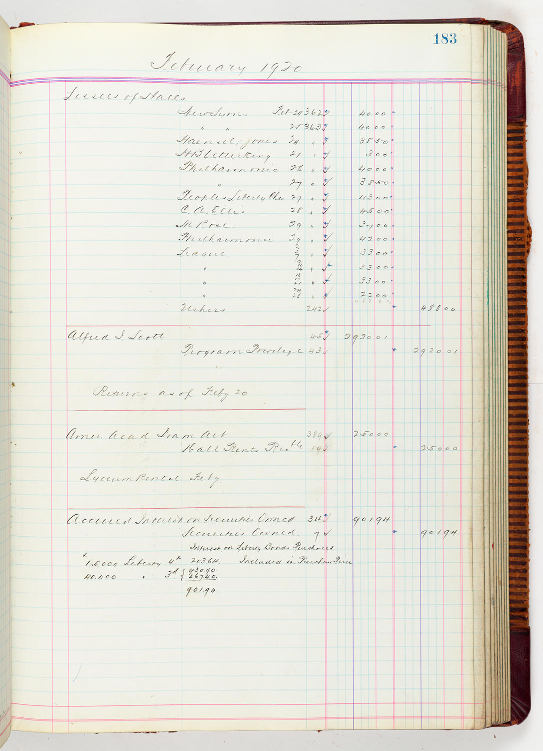 Music Hall Accounting Ledger, volume 5, page 183
