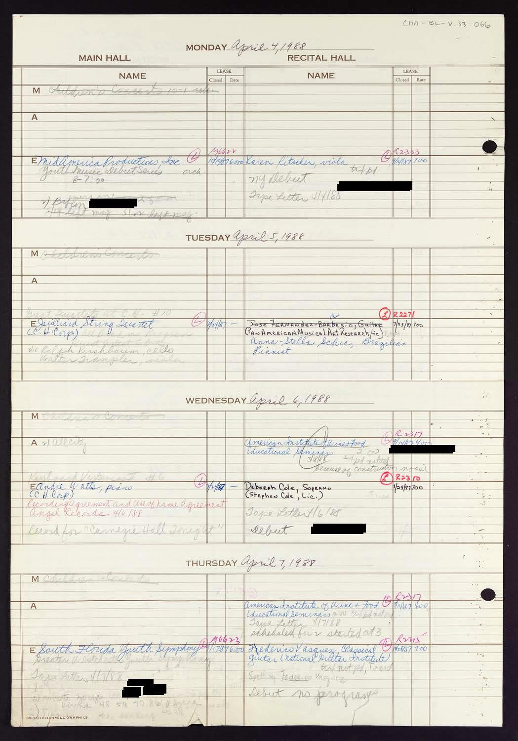 Carnegie Hall Booking Ledger, volume 33, page 66