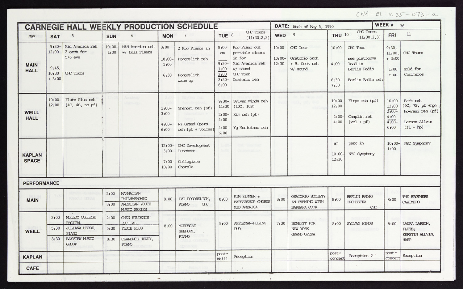 Carnegie Hall Booking Ledger, volume 35, page 73a