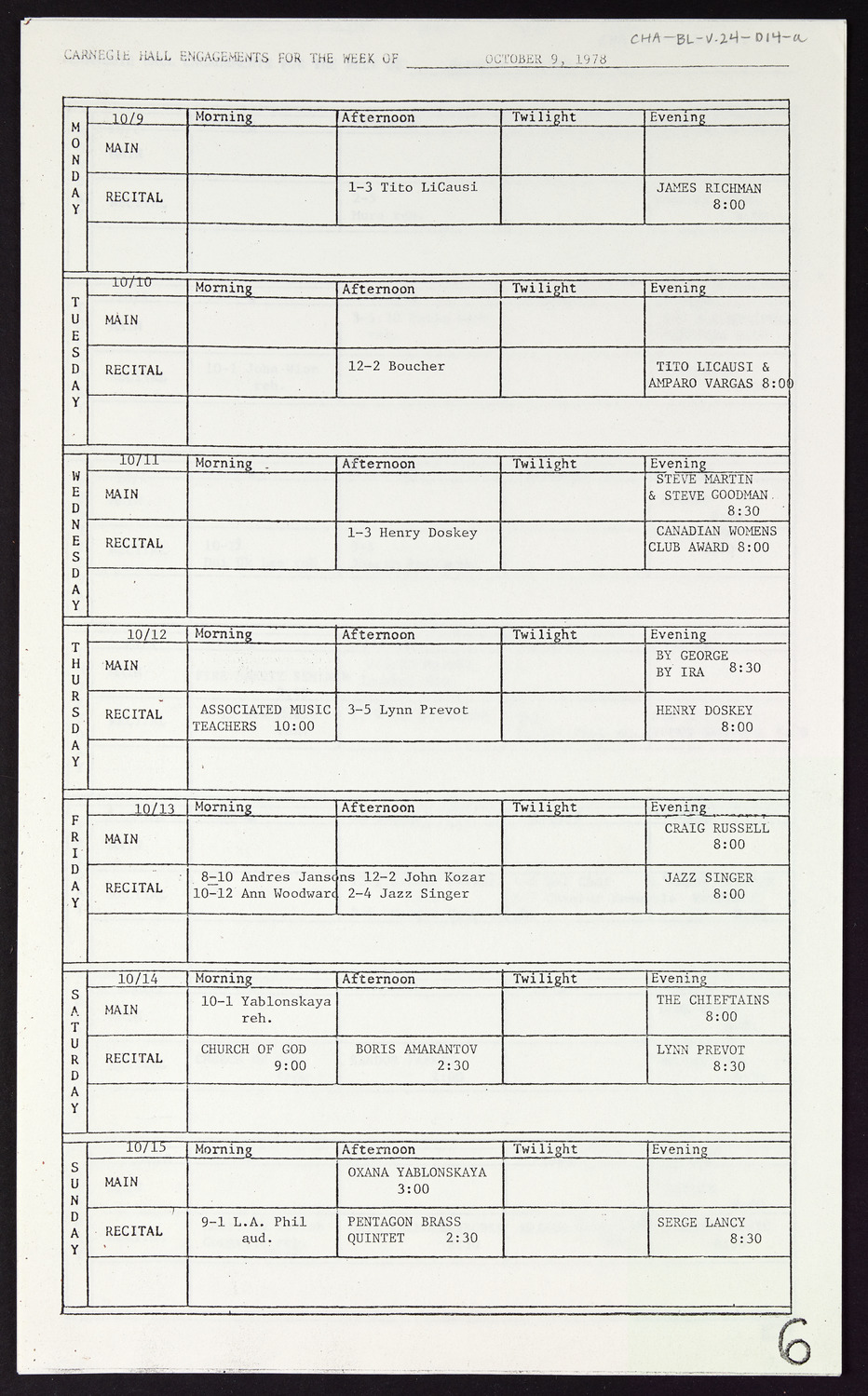 Carnegie Hall Booking Ledger, volume 24, page 14a