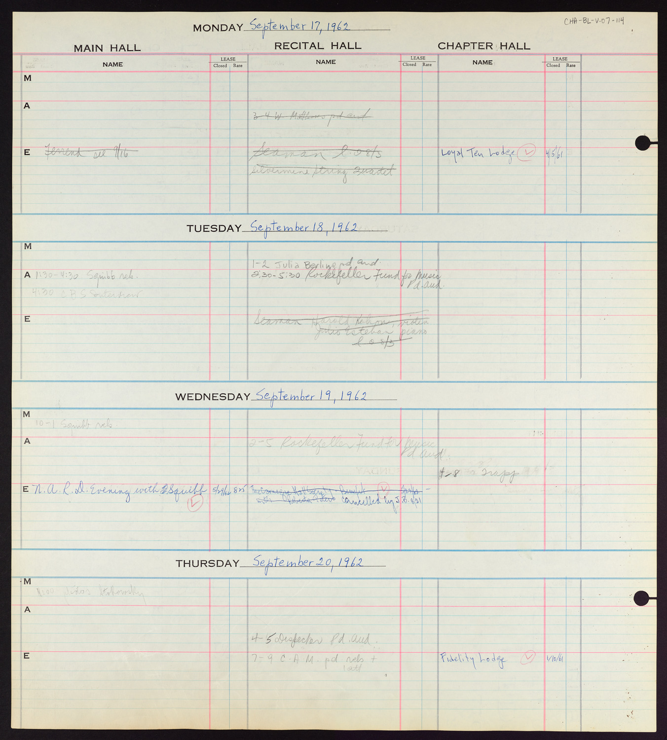 Carnegie Hall Booking Ledger, volume 7, page 114