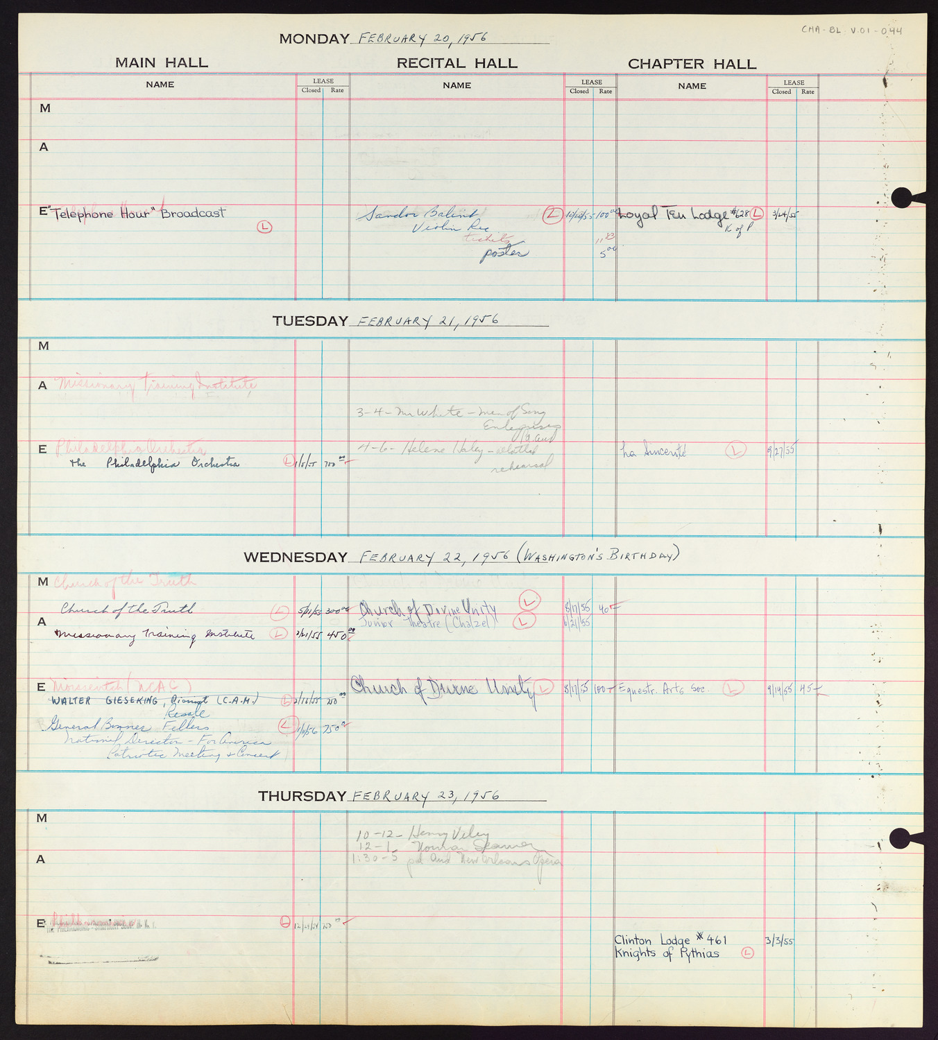 Carnegie Hall Booking Ledger, volume 1, page 44