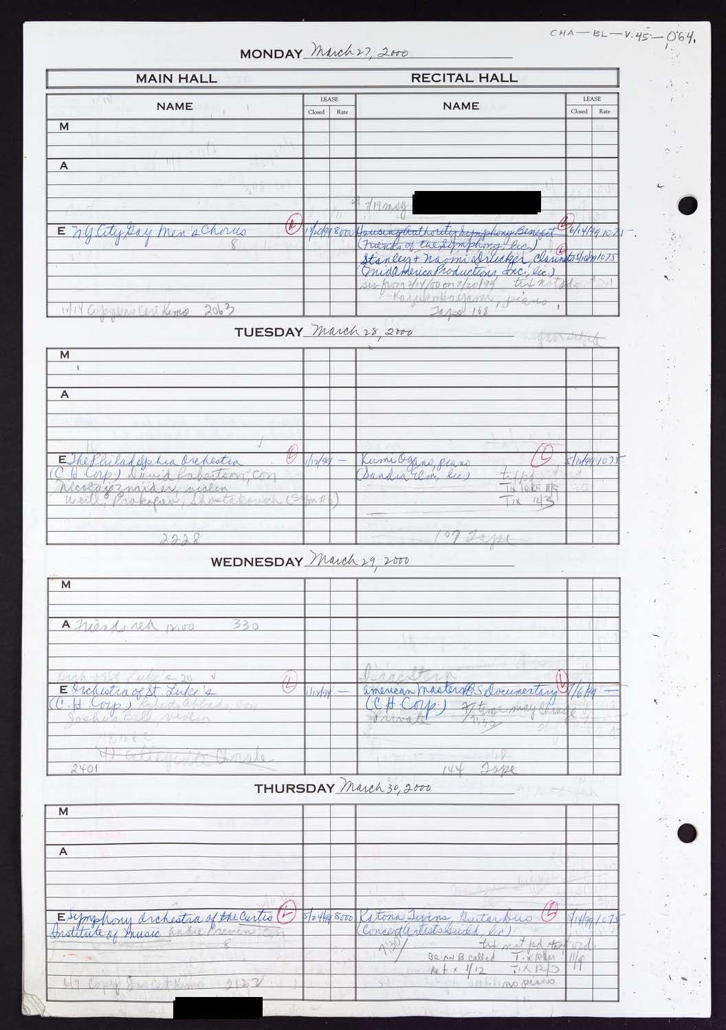 Carnegie Hall Booking Ledger, volume 45, page 64