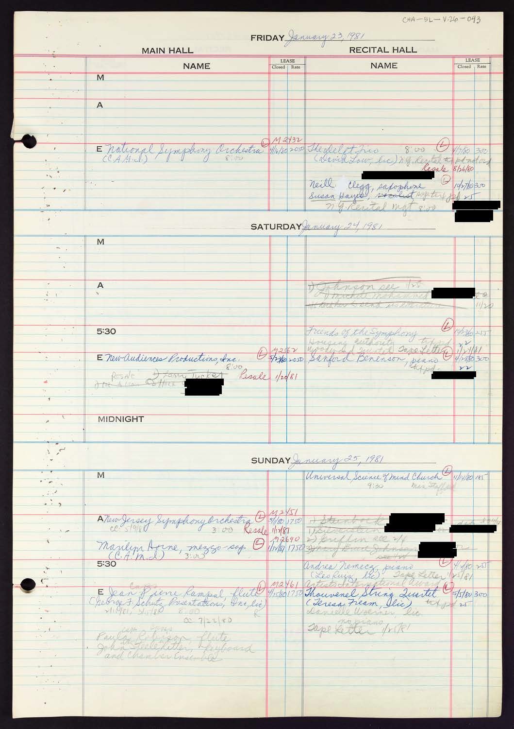 Carnegie Hall Booking Ledger, volume 26, page 43