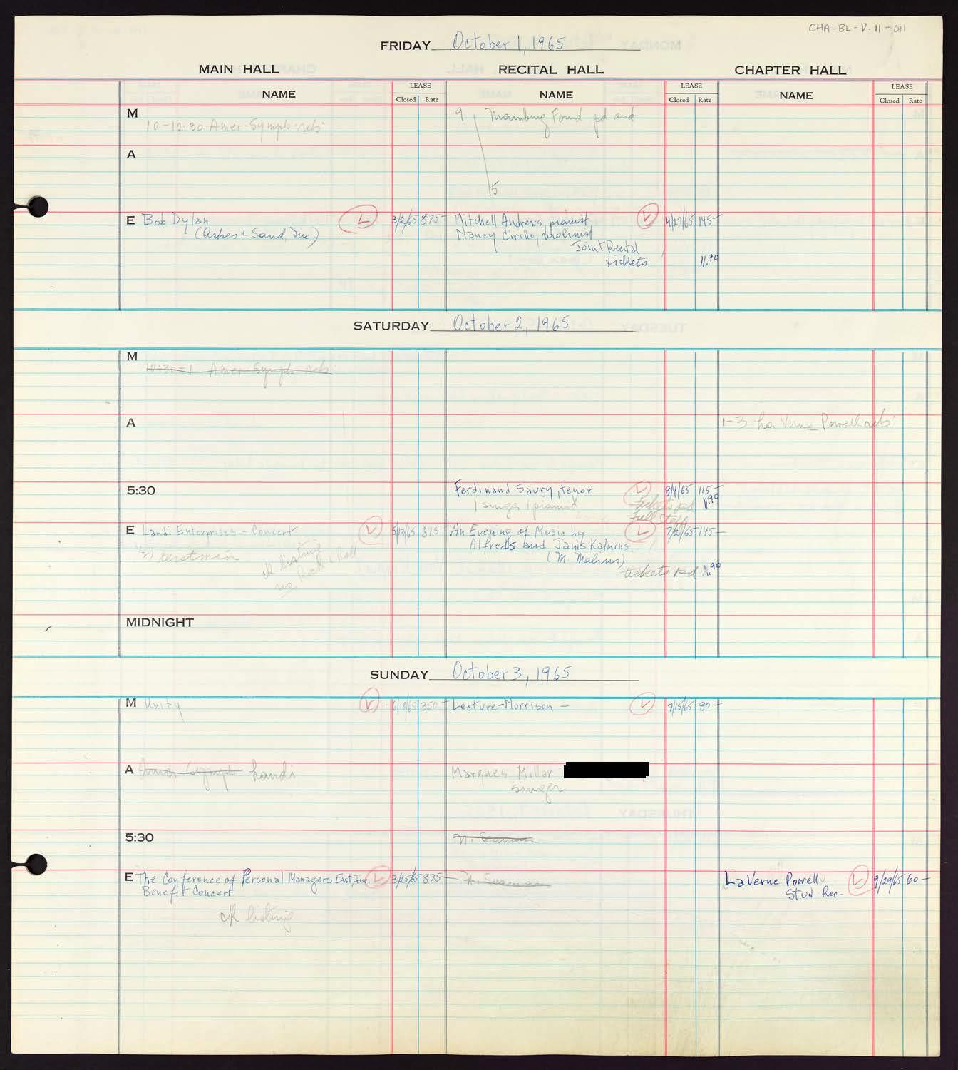 Carnegie Hall Booking Ledger, volume 11, page 11